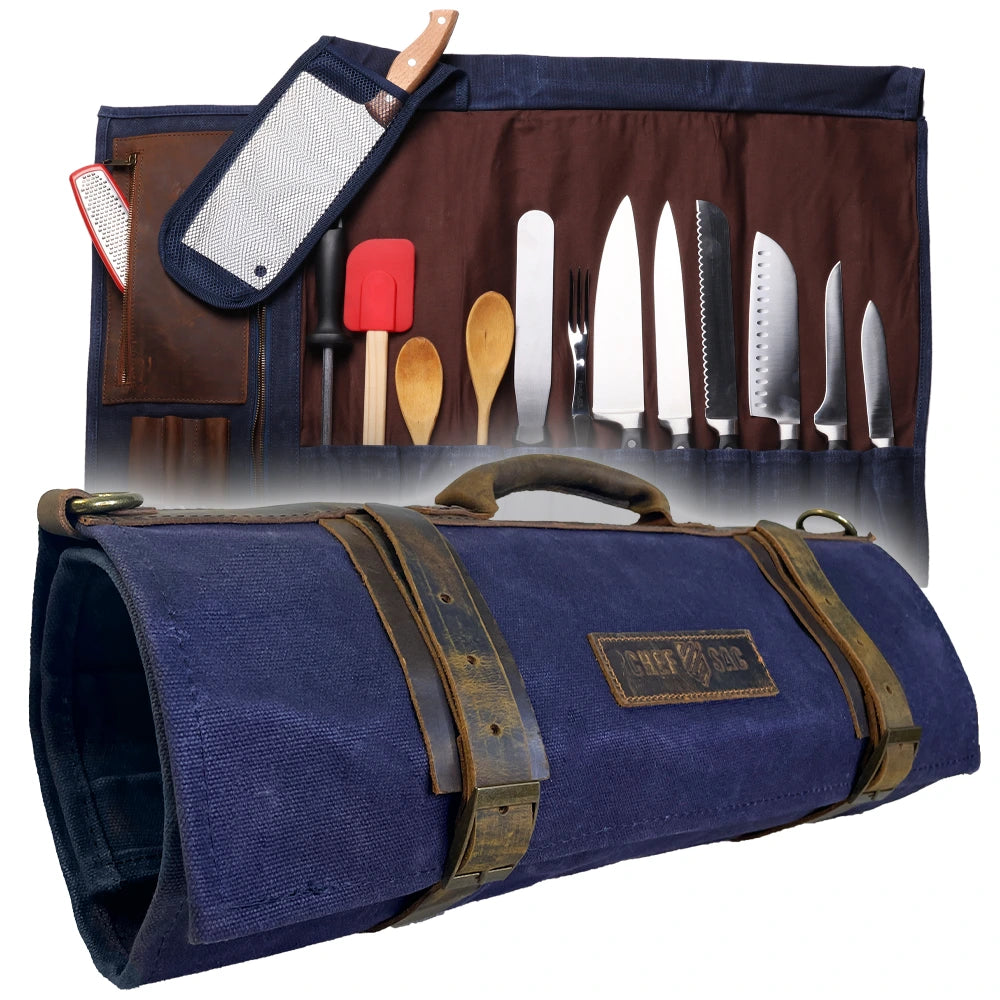 Waxed Canvas & Leather Chef Knife Roll Bag