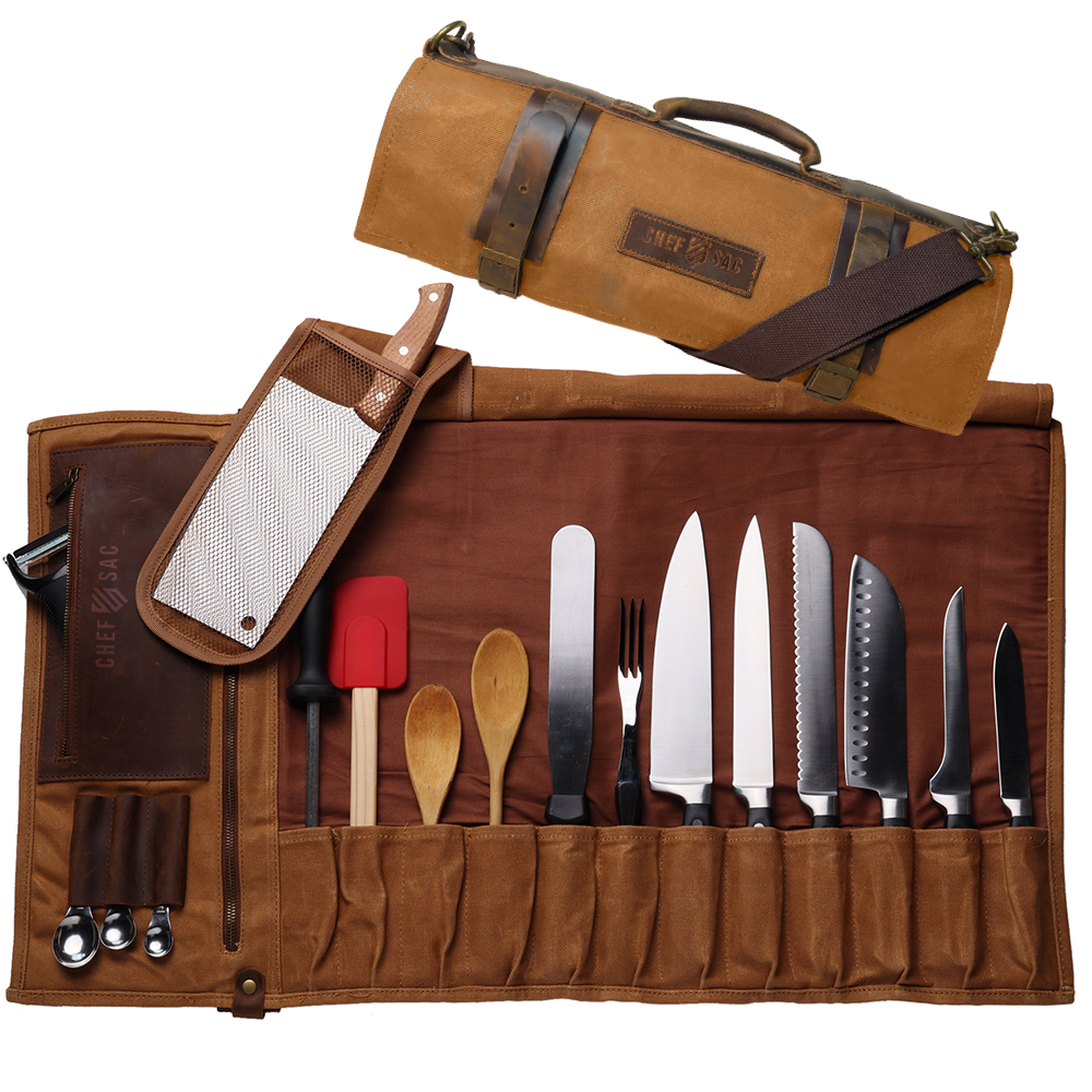 Waxed Canvas & Leather Chef Knife Roll Bag