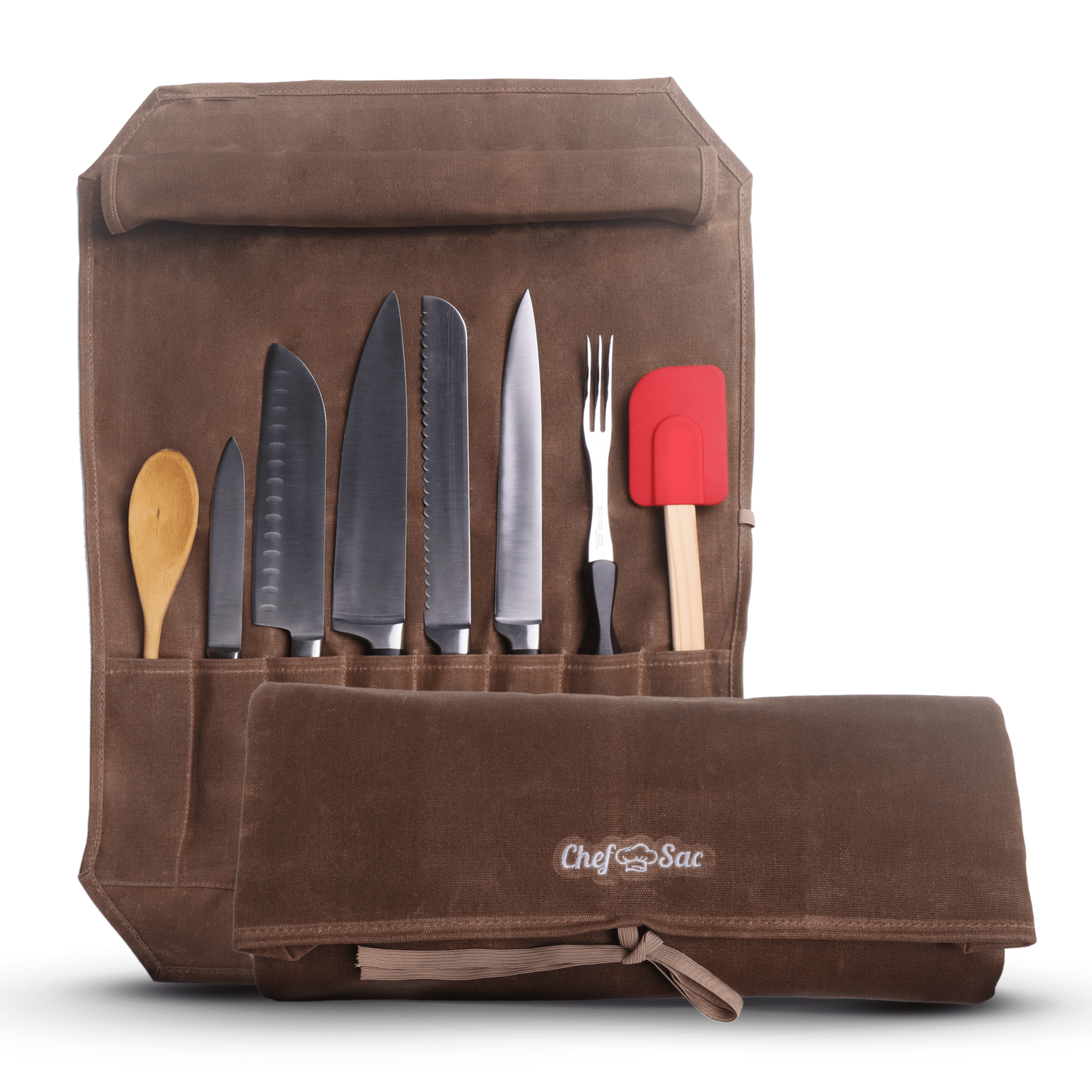 Chef's Knife Roll, 10 Pocket Canvas and Leather Knife Bag